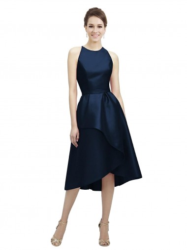 Tea Length Sleeveless Satin Dark Navy A-Line High Low Bridesmaid Dress Colchester