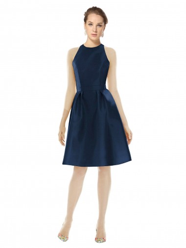 Cocktail Length Sleeveless Satin Dark Navy A-Line Bridesmaid Dress Colchester