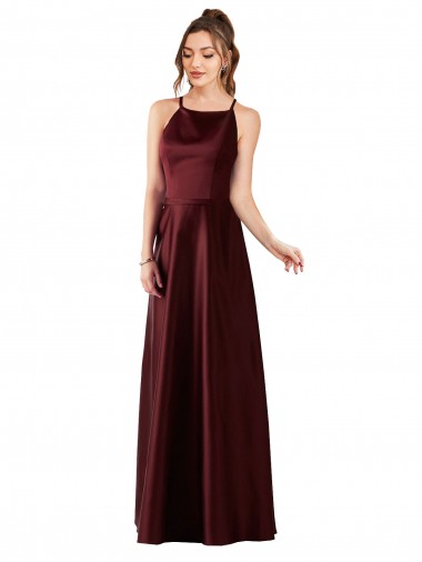 Long Sleeveless Satin Burgundy Gold A-Line Prom Dress / Bridesmaid Dress Colchester