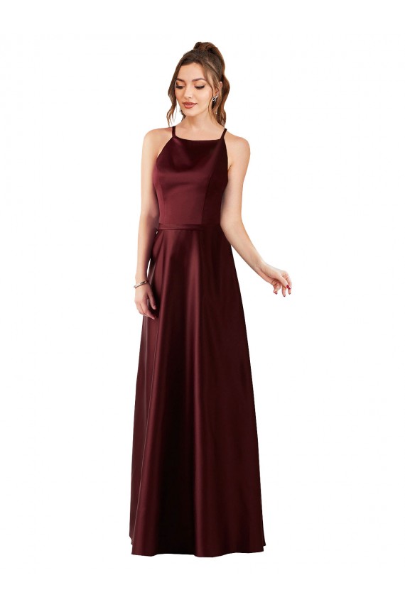 Long Sleeveless Satin Burgundy Gold A-Line Prom Dress / Bridesmaid Dress Colchester