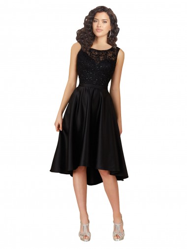 Midi Length Sleeveless Satin & Lace Black A-Line High Low Bridesmaid Dress Colchester