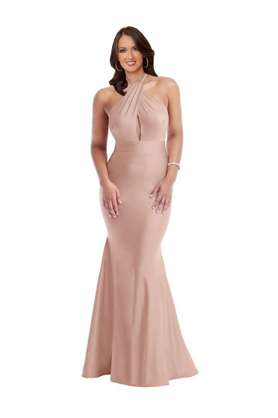 Long Sleeveless Silk like Satin Dusty Pink Halter Neck Mermaid Formal Plus Size Evening Gown / Prom Dress / Bridesmaid Dress Colchester