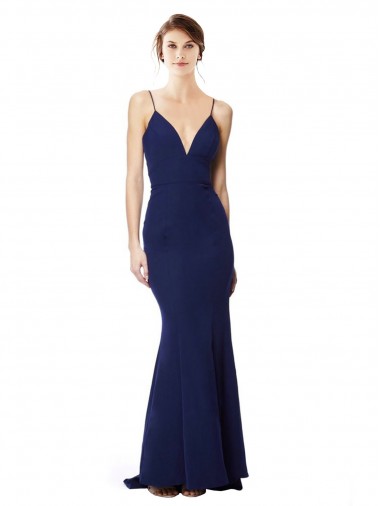 Long Sleeveless Stretch Crepe Navy Blue Mermaid Formal Dress / Bridesmaid Dress Colchester