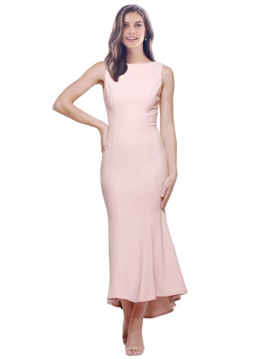 Midi Length Sleeveless Stretch Crepe Pink Sheath High Low Evening Gown / Prom Dress / Bridesmaid Dress Colchester