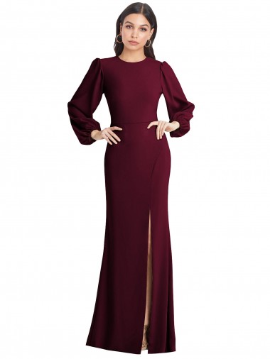 Long Puff Sleeves Stretch Crepe Burgundy Gold Trumpet Formal Dress / Bridesmaid Dress Colchester