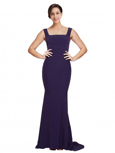 Sweep Train Sleeveless Stretch Crepe Dark Navy Square Neck Sheath Semi Formal Evening Dress / Prom Dress / Bridesmaid Dress Colchester