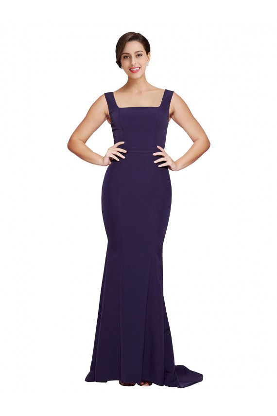 Sweep Train Sleeveless Stretch Crepe Dark Navy Square Neck Sheath Semi Formal Evening Dress / Prom Dress / Bridesmaid Dress Colchester