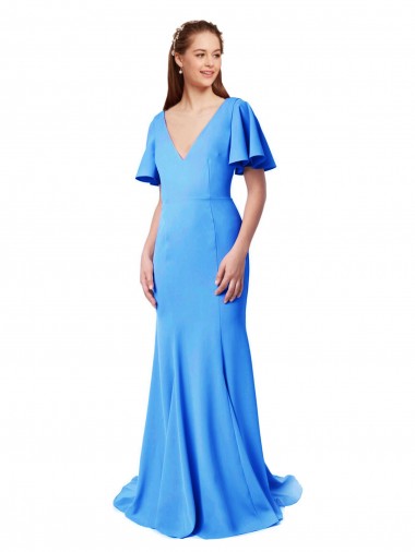 Sweep Train Short Sleeves Stretch Crepe Peacock Blue Mermaid, Sheath Prom Dress / Bridesmaid Dress Colchester