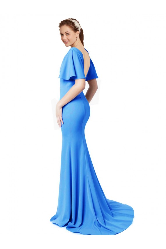 Sweep Train Short Sleeves Stretch Crepe Peacock Blue Mermaid, Sheath Prom Dress / Bridesmaid Dress Colchester