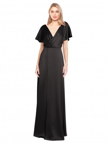 Long Cap Sleeves Stretch Satin Black A-Line Bridesmaid Dress / Evening Dress Colchester