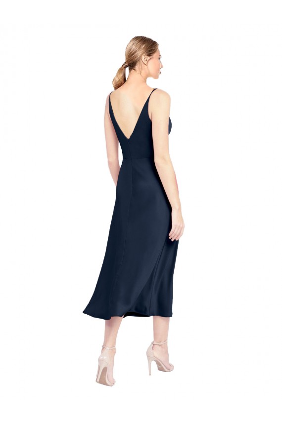 Midi Length Sleeveless Stretch Satin Dark Navy A-Line Formal Evening Gown / Prom Dress / Bridesmaid Dress Colchester