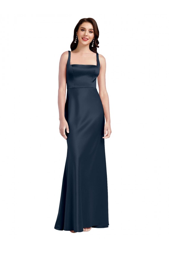 Long Sleeveless Stretch Satin Dark Navy Square Neck A-Line Formal Evening Gown / Prom Dress / Bridesmaid Dress Colchester