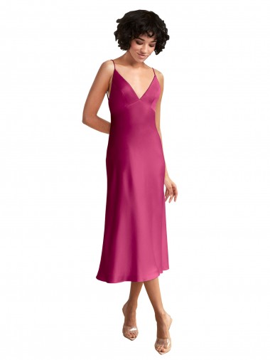 Midi Length Sleeveless Stretch Satin Fuchsia A-Line Formal Evening Gown / Prom Dress / Bridesmaid Dress Colchester