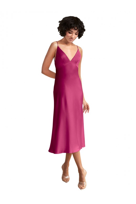 Midi Length Sleeveless Stretch Satin Fuchsia A-Line Formal Evening Gown / Prom Dress / Bridesmaid Dress Colchester