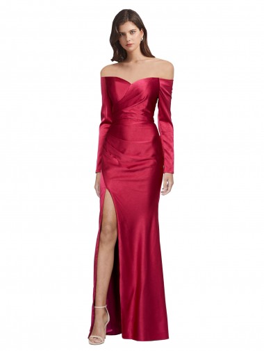 Long Long Sleeves Stretch Satin Dark Red Sheath Formal Evening Gown / Prom Dress / Bridesmaid Dress Colchester