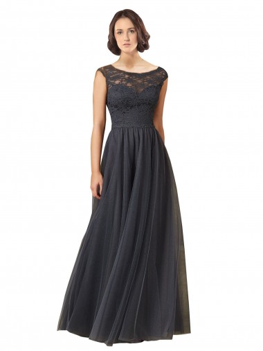 Long Cap Sleeves Tulle & Lace Slate Grey A-Line Bridesmaid Dress Colchester