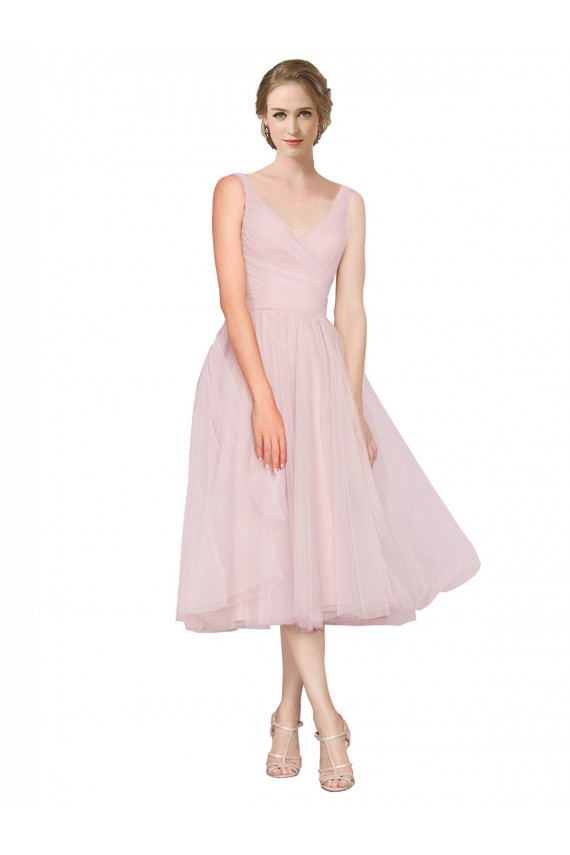 Tea Length Sleeveless Tulle Pink A-Line Bridesmaid Dress Colchester