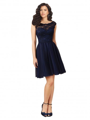 Knee Length Sleeveless Tulle & Lace Dark Navy A-Line Bridesmaid Dress Colchester