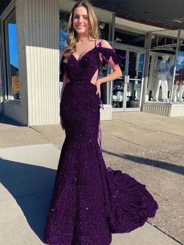 Court Train Sleeveless Velvet Sequin Plum Purple Sheath Prom Dress / Evening Dress Colchester