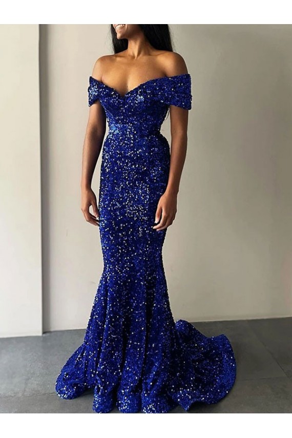 Sweep Train Sleeveless Velvet Sequin Royal Blue Mermaid Prom Dresses Colchester