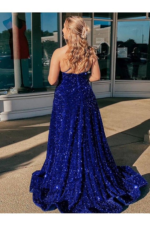 Sweep Train Sleeveless Velvet Sequin Royal Blue A-Line Prom Dress / Evening Gown Colchester