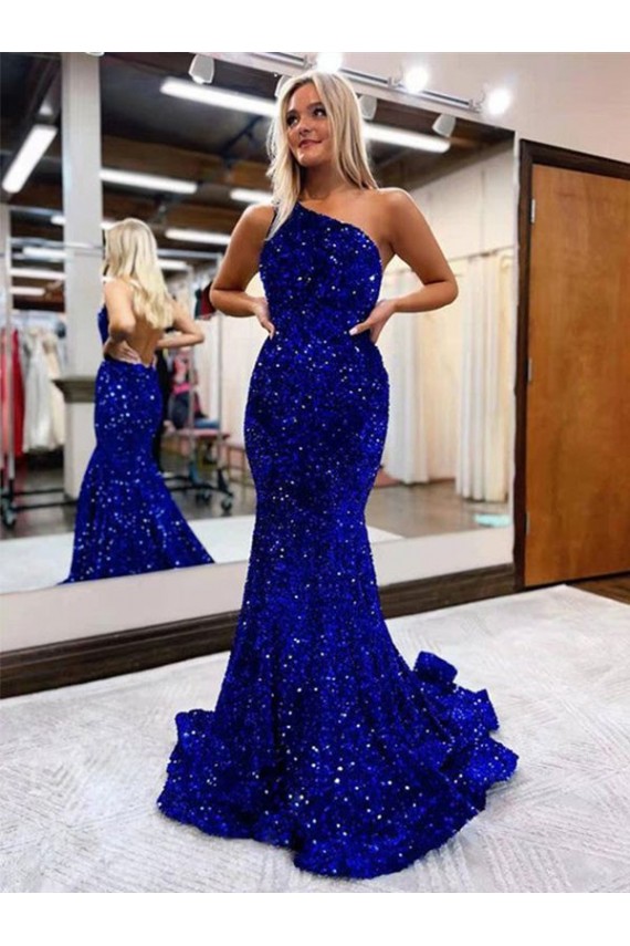 Sweep Train Sleeveless Velvet Sequin Royal Blue Mermaid Prom Dress Colchester