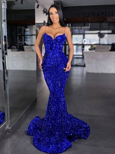 Sweep Train Sleeveless Velvet Sequin Royal Blue Mermaid Evening Gown / Prom Dress Colchester