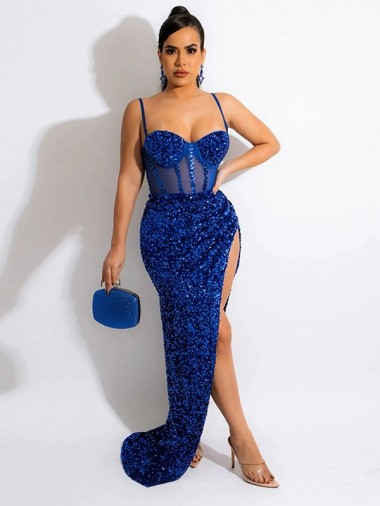 Sweep Train Sleeveless Velvet Sequin Royal Blue Spaghetti Straps Sheath Evening Dress Colchester