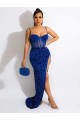 Sweep Train Sleeveless Velvet Sequin Royal Blue Spaghetti Straps Sheath Evening Dress Colchester