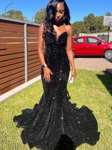 Long Sleeveless Velvet Sequin Black Mermaid Prom Dress Colchester