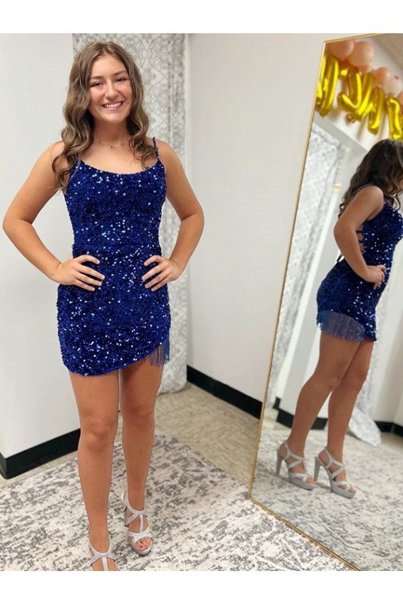 Short Sleeveless Velvet Sequin Royal Blue Sheath Prom Dress Colchester