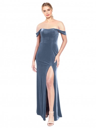 Long Sleeveless Stretch Velvet Dusty Blue A-Line Prom Dress / Bridesmaid Dress Colchester