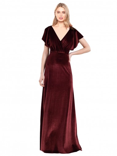 Long Flutter Sleeves Stretch Velvet Burgundy A-Line Prom Dress / Bridesmaid Dress Colchester