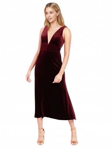 Midi Length Sleeveless Stretch Velvet Burgundy A-Line Prom Dress / Bridesmaid Dress Colchester