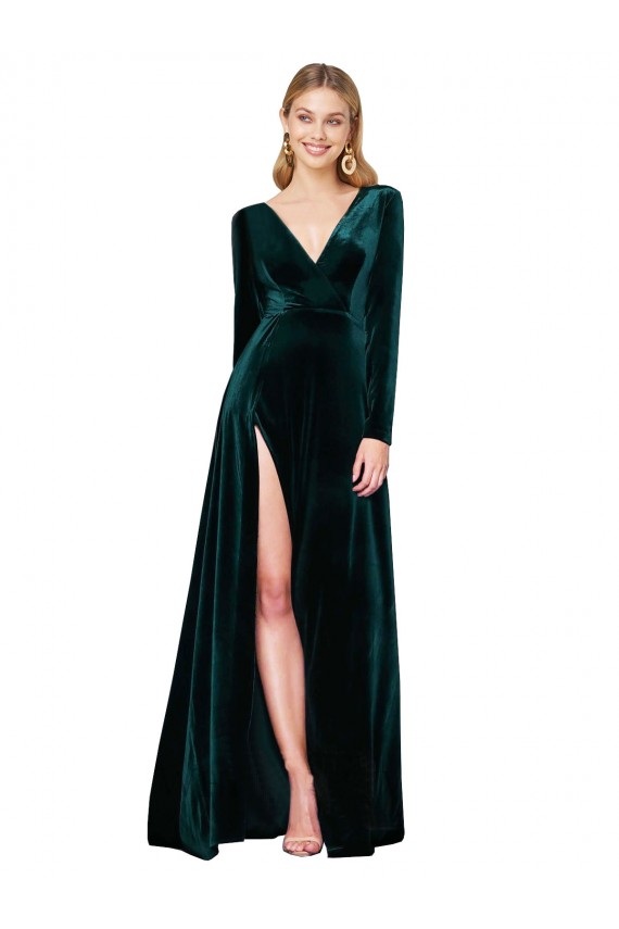 Sweep Train Long Sleeves Stretch Velvet Dark Green A-Line Black Tie Evening Gown / Prom Dress / Bridesmaid Dress Colchester