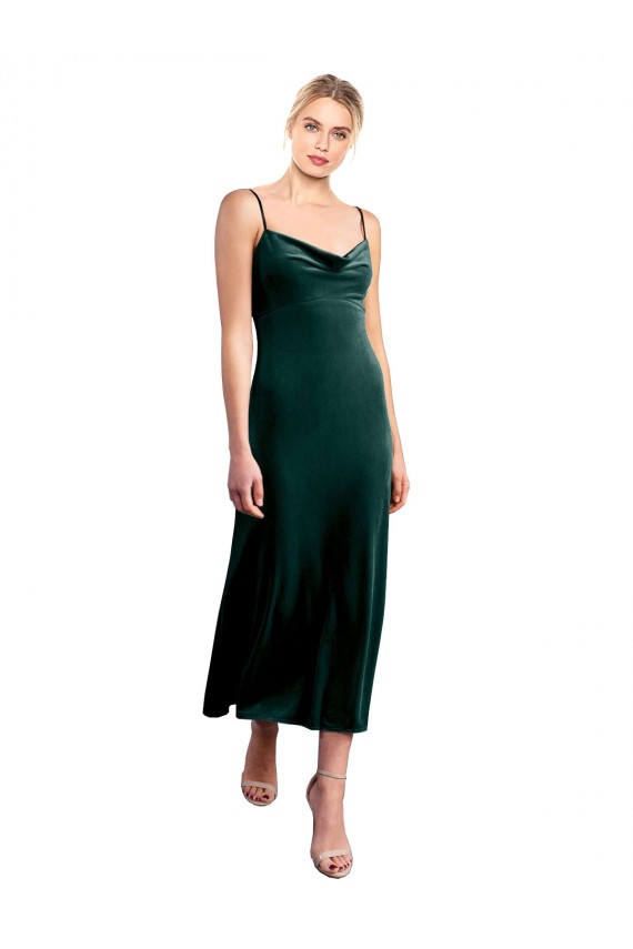 Midi Length Sleeveless Stretch Velvet Dark Green A-Line Prom Dress / Bridesmaid Dress Colchester