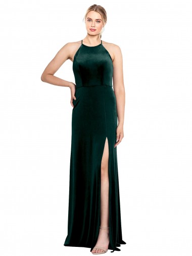 Long Sleeveless Stretch Velvet Dark Green Spaghetti Straps A-Line Prom Dress / Bridesmaid Dress Colchester