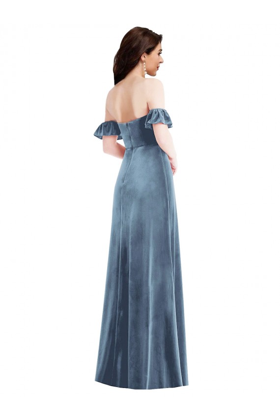 Long Ruffle Sleeves Stretch Velvet Dusty Blue A-Line Formal Dress / Bridesmaid Dress Colchester