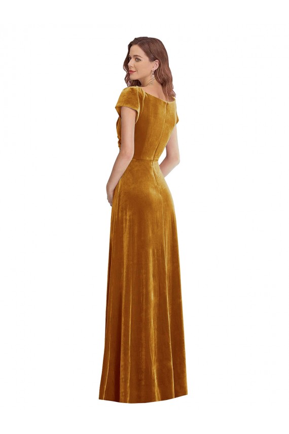 Long Cap Sleeves Stretch Velvet Gold Sheath Formal Evening Gown / Prom Dress / Bridesmaid Dress Colchester