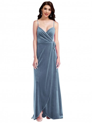 Long Sleeveless Stretch Velvet Dusty Blue A-Line Semi Formal Evening Dress / Prom Dress / Bridesmaid Dress Colchester