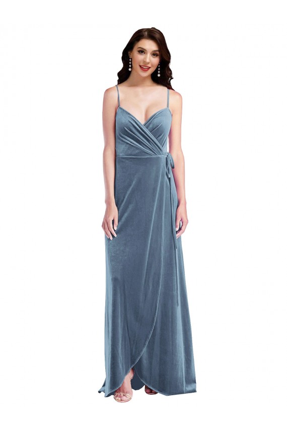 Long Sleeveless Stretch Velvet Dusty Blue A-Line Semi Formal Evening Dress / Prom Dress / Bridesmaid Dress Colchester