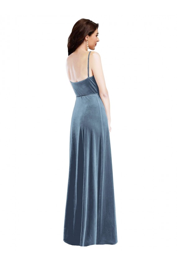 Long Sleeveless Stretch Velvet Dusty Blue A-Line Semi Formal Evening Dress / Prom Dress / Bridesmaid Dress Colchester