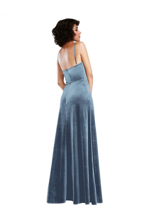 Long Sleeveless Stretch Velvet Dusty Blue Cowl Neck Sheath Semi Formal Evening Dress / Prom Dress / Bridesmaid Dress Colchester