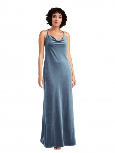 Long Sleeveless Stretch Velvet Dusty Blue Sheath Bridesmaid Dress / Evening Dress Colchester