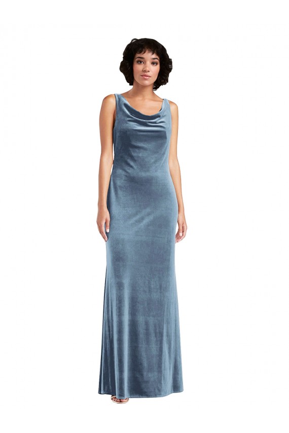 Long Sleeveless Stretch Velvet Dusty Blue Sheath Evening Dress / Bridesmaid Dress Colchester