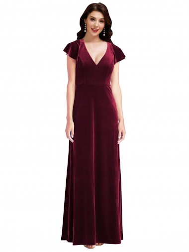 Long Flutter Sleeves Stretch Velvet Burgundy A-Line Semi Formal Evening Dress / Prom Dress / Bridesmaid Dress Colchester