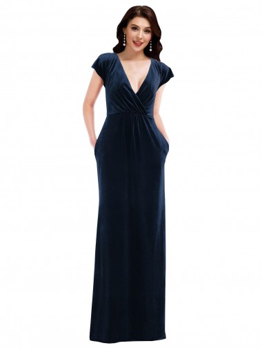 Long Flutter Sleeves Stretch Velvet Dark Navy A-Line Formal Dress / Bridesmaid Dress Colchester