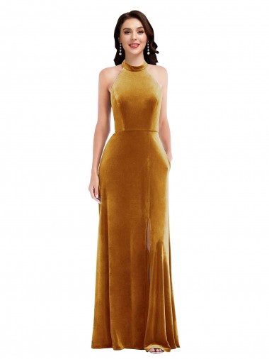 Long Sleeveless Stretch Velvet Gold Halter Neck Trumpet Semi Formal Evening Dress / Prom Dress / Bridesmaid Dress Colchester