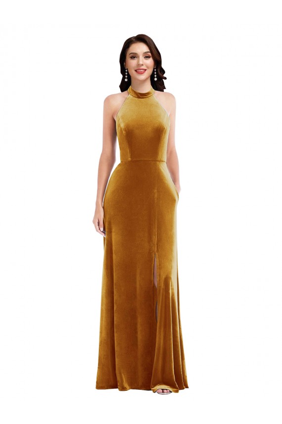 Long Sleeveless Stretch Velvet Gold Halter Neck Trumpet Semi Formal Evening Dress / Prom Dress / Bridesmaid Dress Colchester