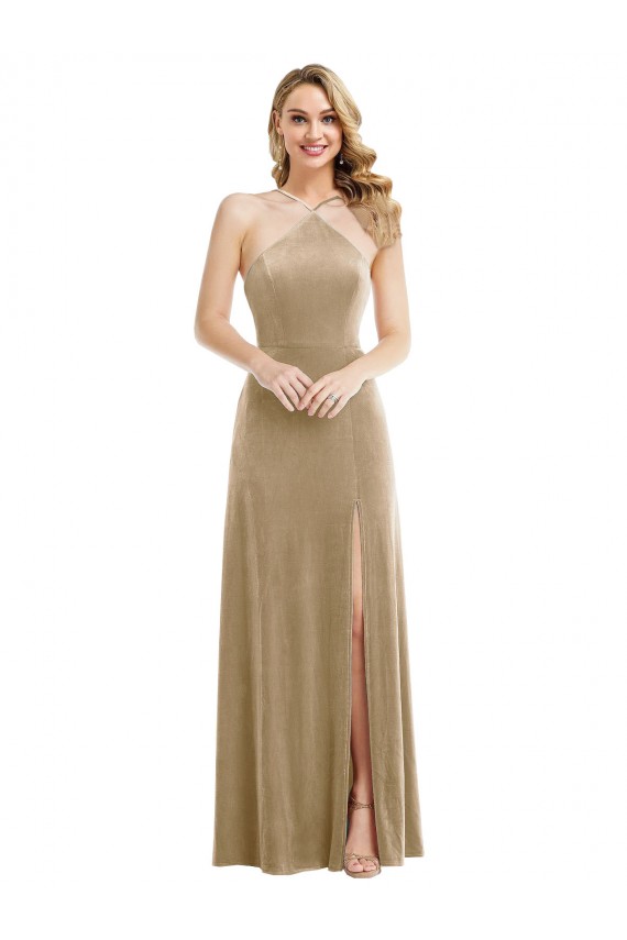 Long Sleeveless Stretch Velvet Champagne A-Line Semi Formal Evening Dress / Prom Dress / Bridesmaid Dress Colchester